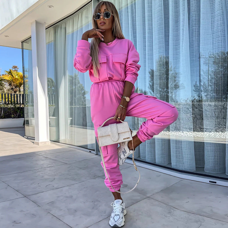 Damen Cargo-Loungewear-Set aus weicher Baumwollmischung mit hoher Taille und aufgesetzten Cargo-Taschen EB