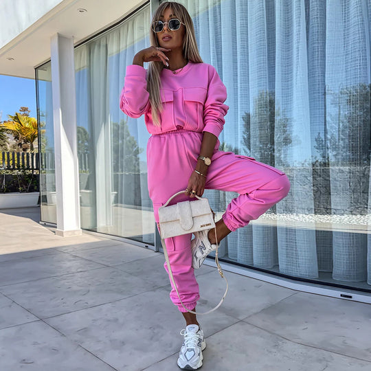 Damen Cargo-Loungewear-Set aus weicher Baumwollmischung mit hoher Taille und aufgesetzten Cargo-Taschen EB