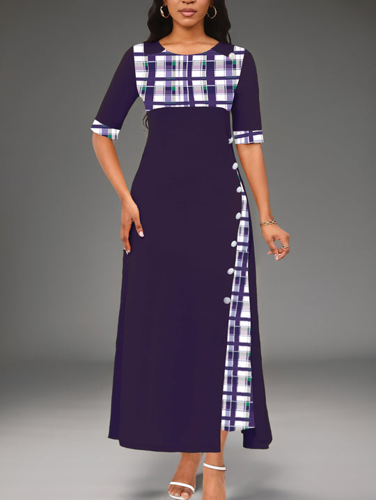 Damen Maxi-Kleid mit modischem Karomuster und geschmackvollen Knopfdetails EB