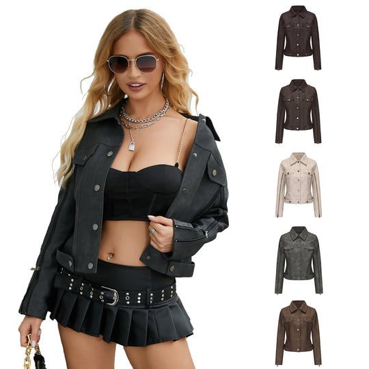 Damen nan kurze Cropped-Truckerjacke aus Wildlederoptik mit seitlichen Reißverschlüssen und aufgesetzten Brusttaschen EB