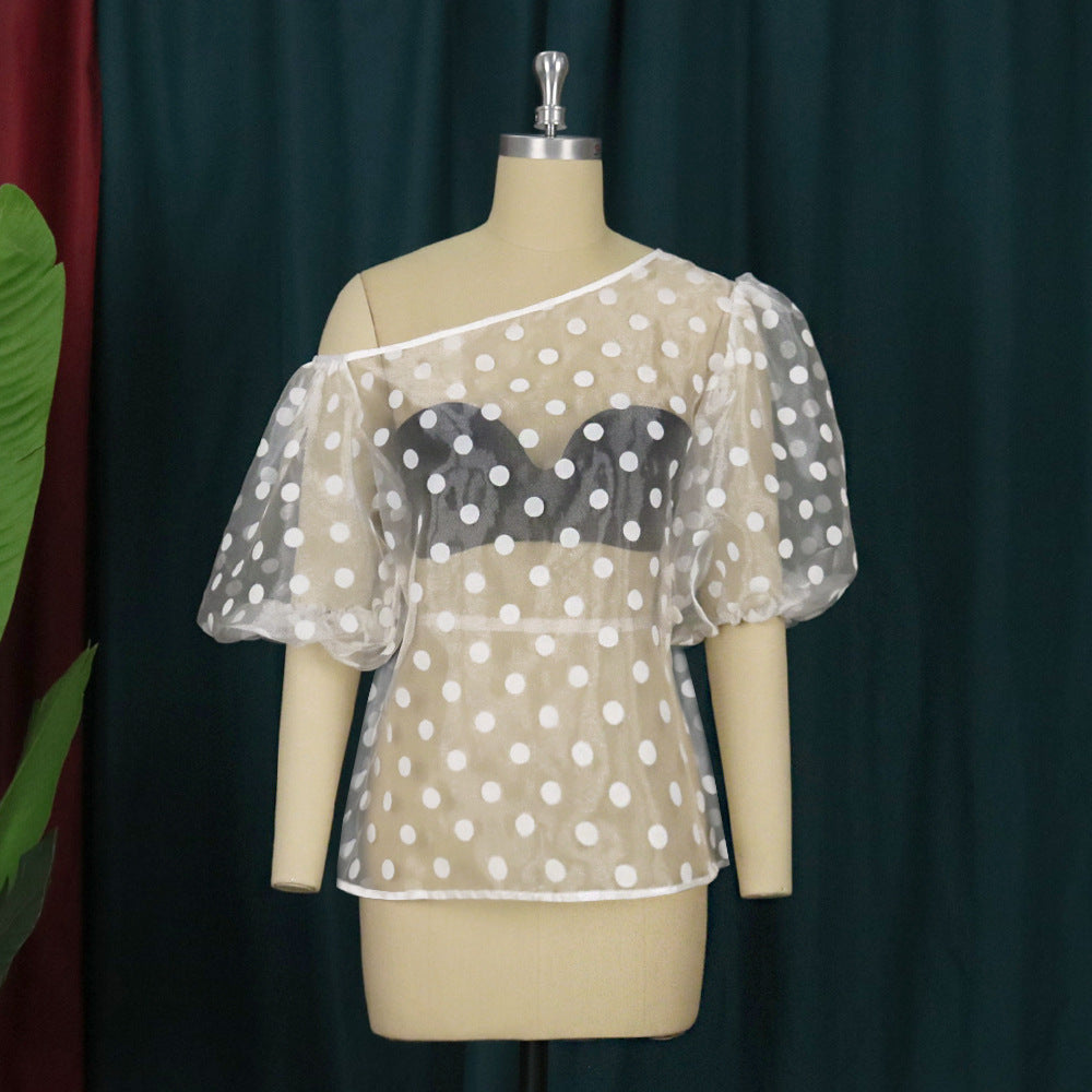 Damen Verspielte Bluse mit transparentem Polka-Punkten Design und Puffärmeln EB