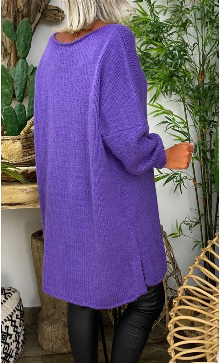 Damen lässiger Langarmstrickpullover im Oversized-Stil mit seitlichen Schlitzen EB
