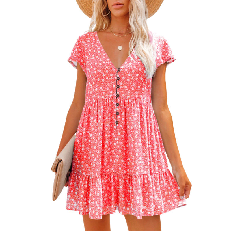 Damen Sommerkleid mit floralen Mustern und Knopfdetails EB