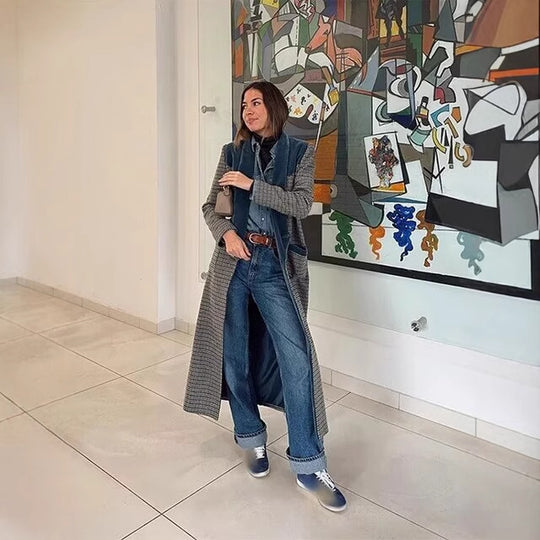 Damen eleganter längerer Blazer mit feinem Karomuster und flauschigem Kragen EB
