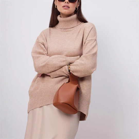 Damen Boxy-Rollkragenpullover aus feinem Feinstrick mit überschnittener Schulter EB