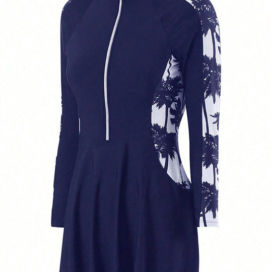 Damen Sportlicher Badeanzug mit hohem Hals und ausgestelltem Rock EB
