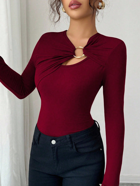 Damen nan figurbetonter Langarm-Body mit Leopardenprint und Zier-Ring EB