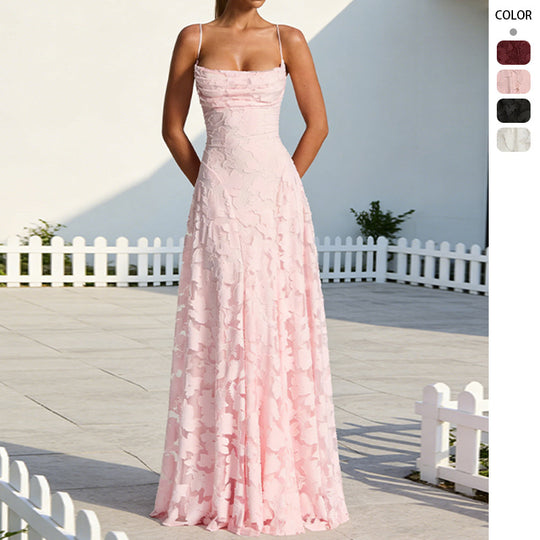 Damen Elegantes Maxikleid mit floralem Spitze-Design und verstellbaren Spaghettiträgern EB