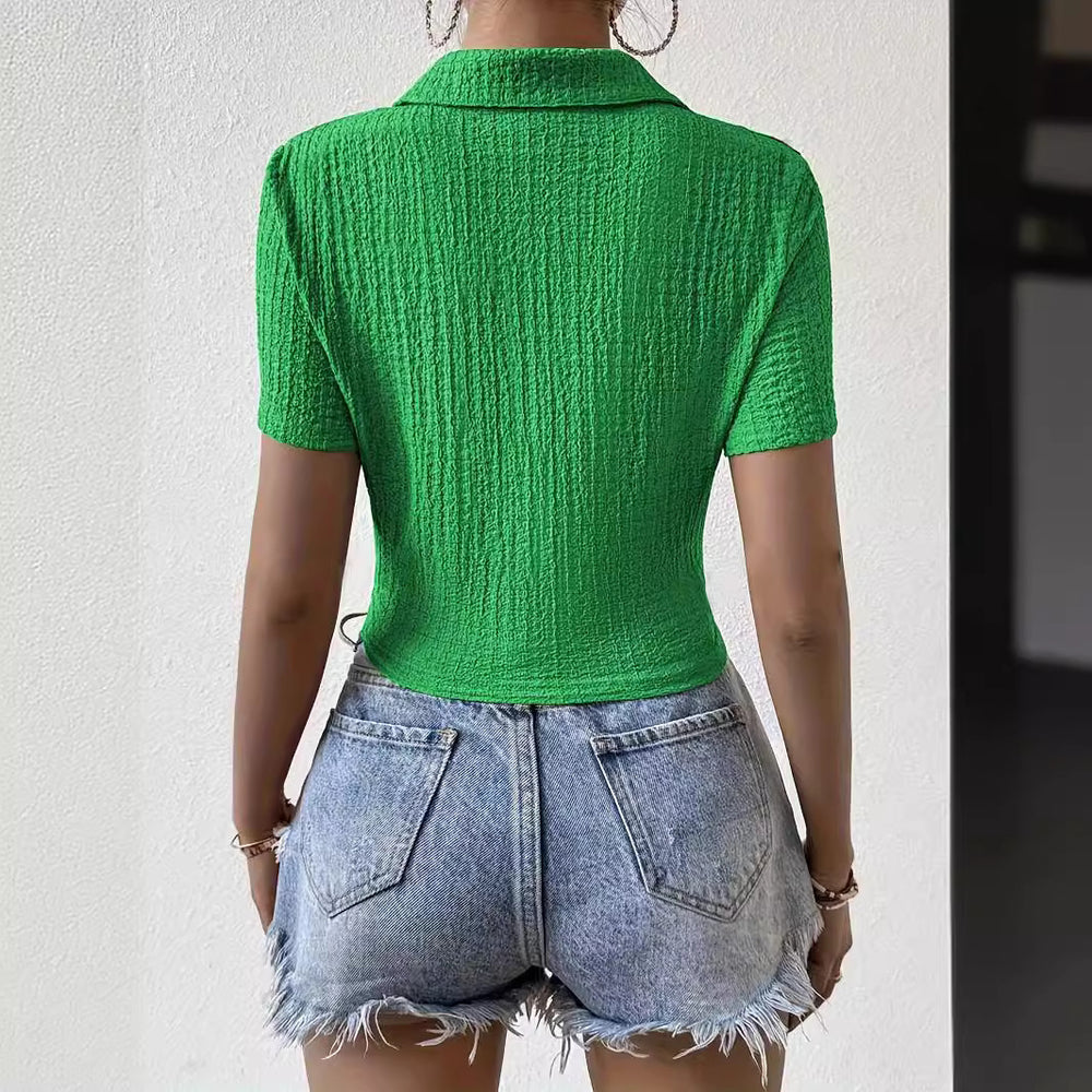 Damen Kurzarm Bluse mit strukturiertem Material und V-Ausschnitt EB