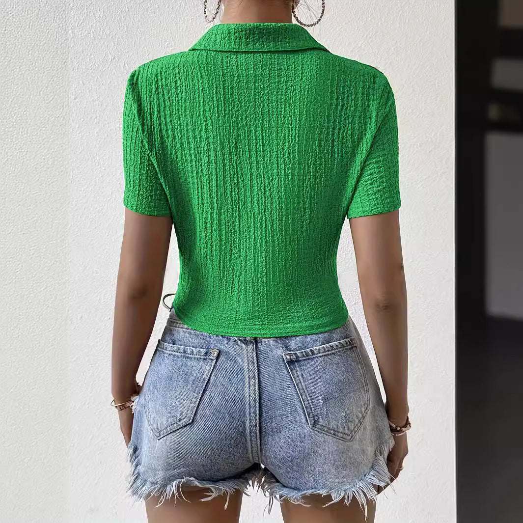 Damen Kurzarm Bluse mit strukturiertem Material und V-Ausschnitt EB