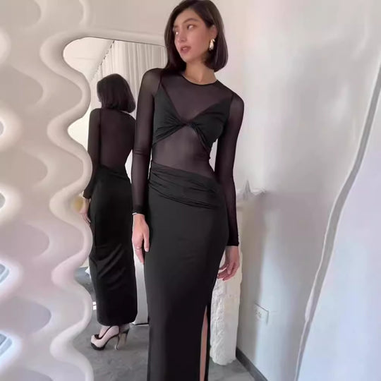 Damen Elegantes Maxikleid mit transparenten Einsätzen und Raffung EB