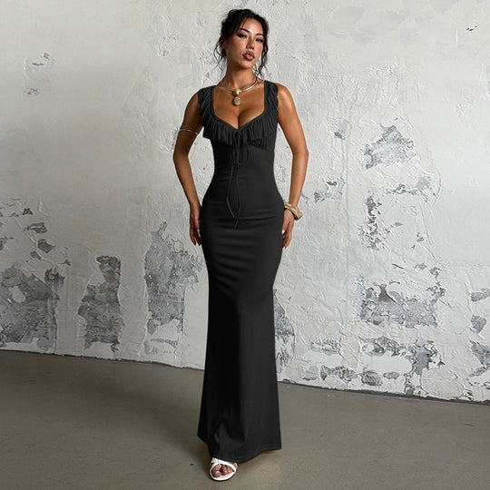 Damen figurbetontes Maxikleid mit Rüschendetails und V-Ausschnitt EB