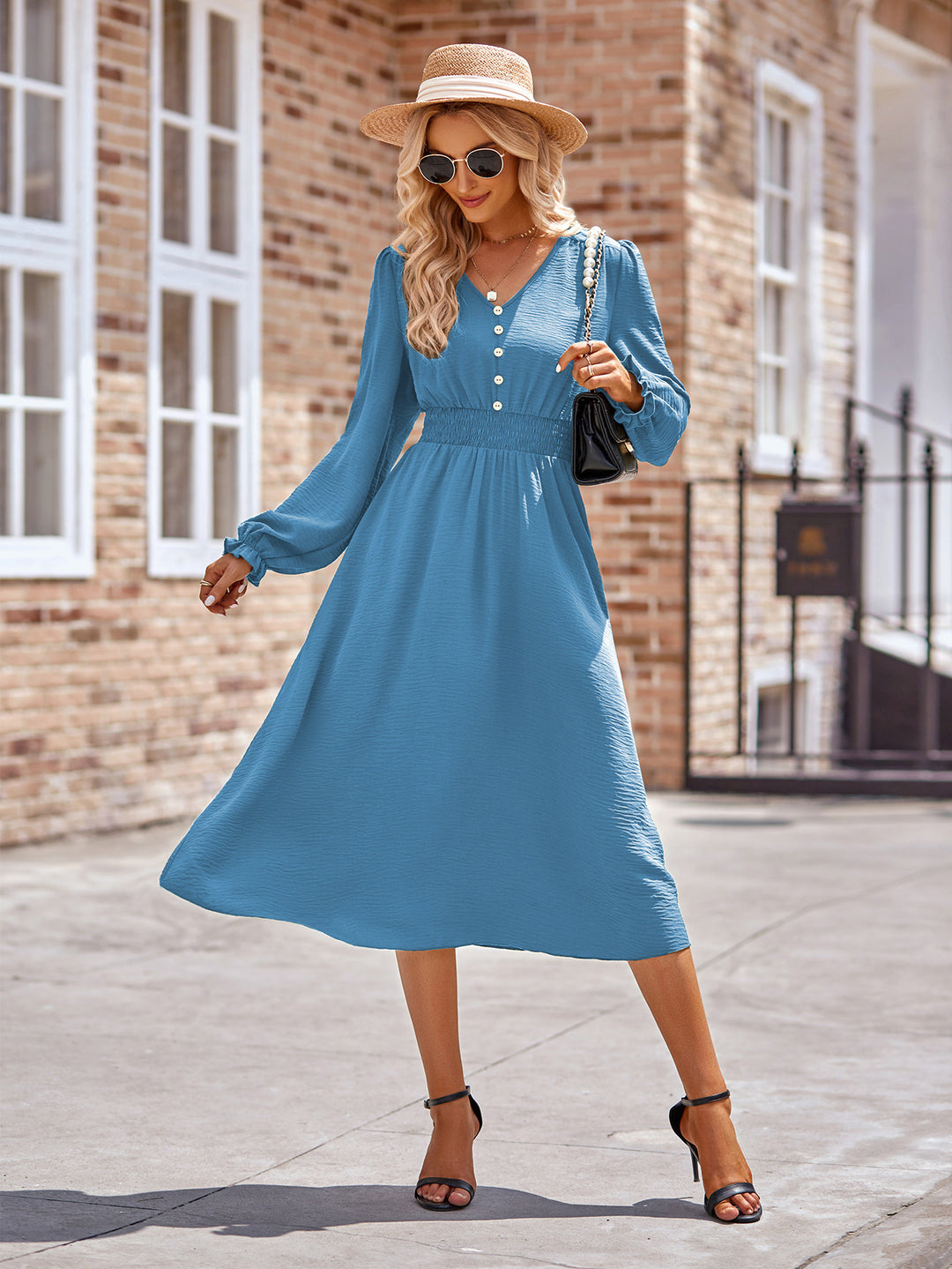 Damen Midikleid mit V-Ausschnitt, geraffter Smock-Taille und Knopfleiste EB