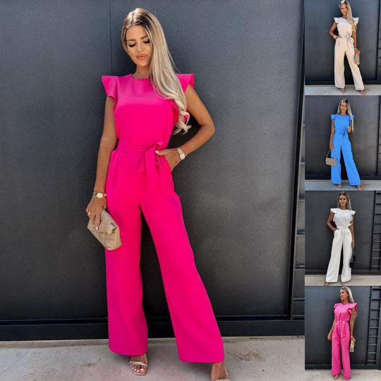 Frauen Fließender Weitbeiniger Jumpsuit mit Rüsche Ärmel EB