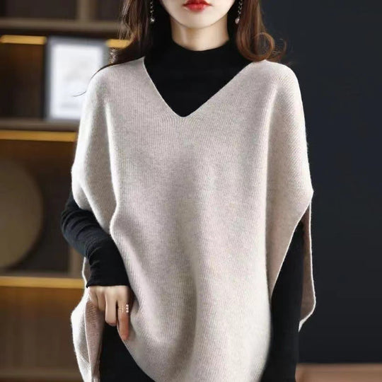 Damen Strickponcho mit V-Ausschnitt und eleganter Silhouette EB