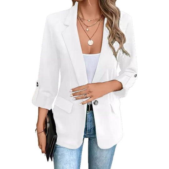 Damen nan taillierter Business-Blazer mit verkürzten Ärmeln umgeschlagenen Manschetten und dekorativen Knöpfen EB