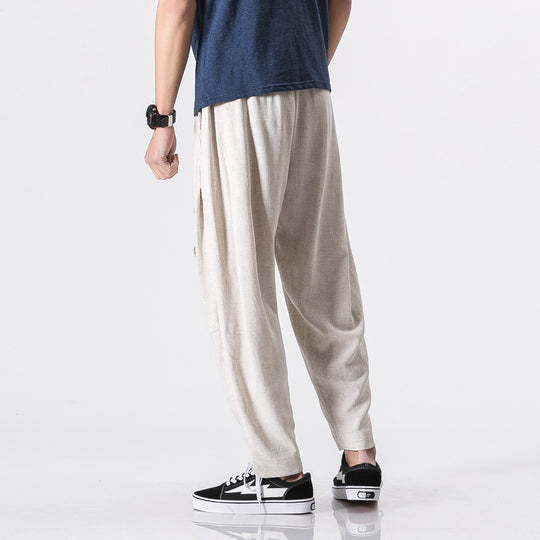 Herren nan entspannte Leinen-Baumwoll Harem-Joggerhose mit verdecktem Tunnelzug und tapered Bein EB