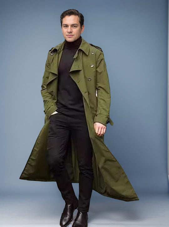 Herren langer Trenchcoat mit modernem Schnitt und praktischen Taschen EB