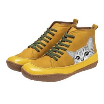 Damen nan knöchelhohe Sneaker mit niedlichem Katzenmotiv Stickerei und ergonomischem Komfortfußbett EB