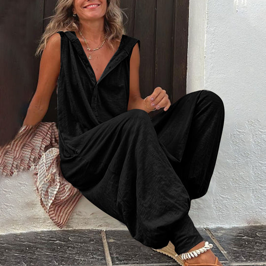 Damen Lässiger Jumpsuit mit Kapuze und Knopfverschluss EB