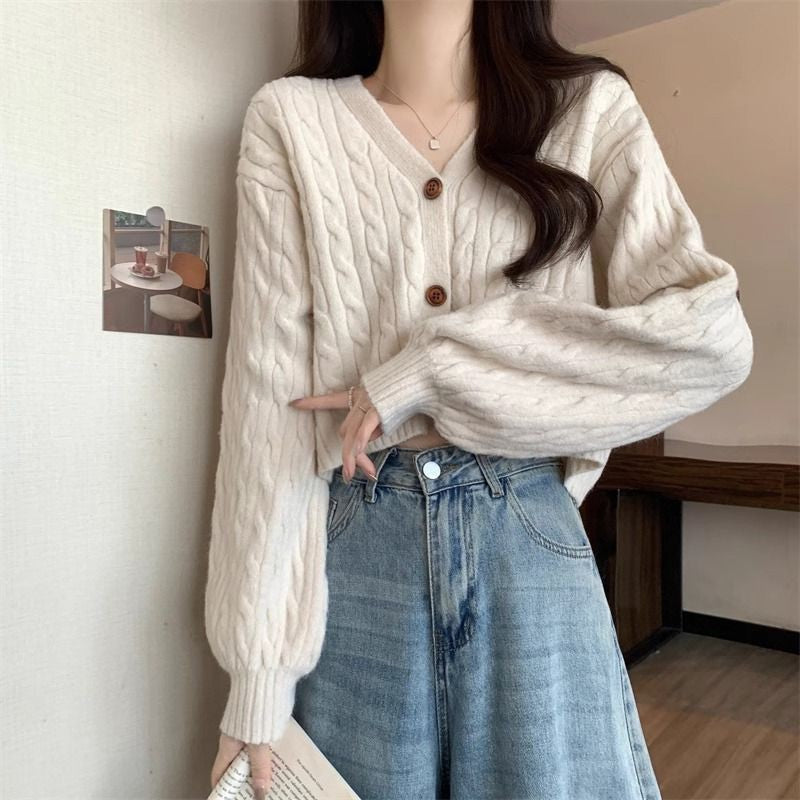 Damen kuscheliger Strickcardigan mit V-Ausschnitt und großen Knöpfen EB