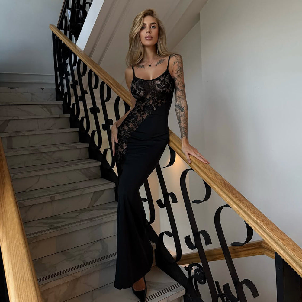 Damen Elegantes Langarm-Maxikleid mit filigraner Spitzenapplikation EB