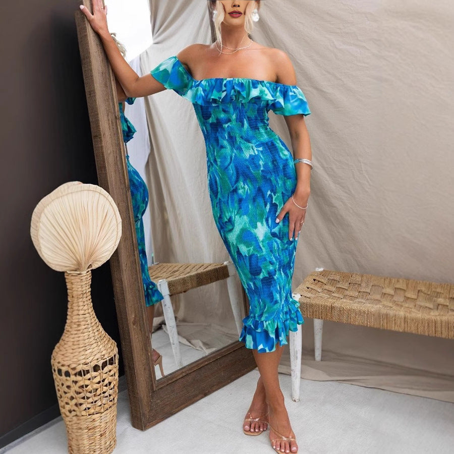 Damen Off-Shoulder Kleid mit Rüschen und figurbetonter Passform EB