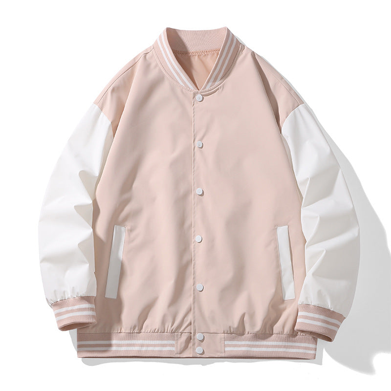 Unisex College-Bomberjacke im Varsity-Stil mit kontrastärmeln, gestreiften Rippbündchen und Druckknopfverschluss EB