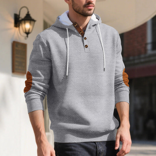 Herren nan strukturierter Kapuzen-Henley-Pullover mit Jacquardstruktur, Knopfleiste und Ellenbogenpatches EB