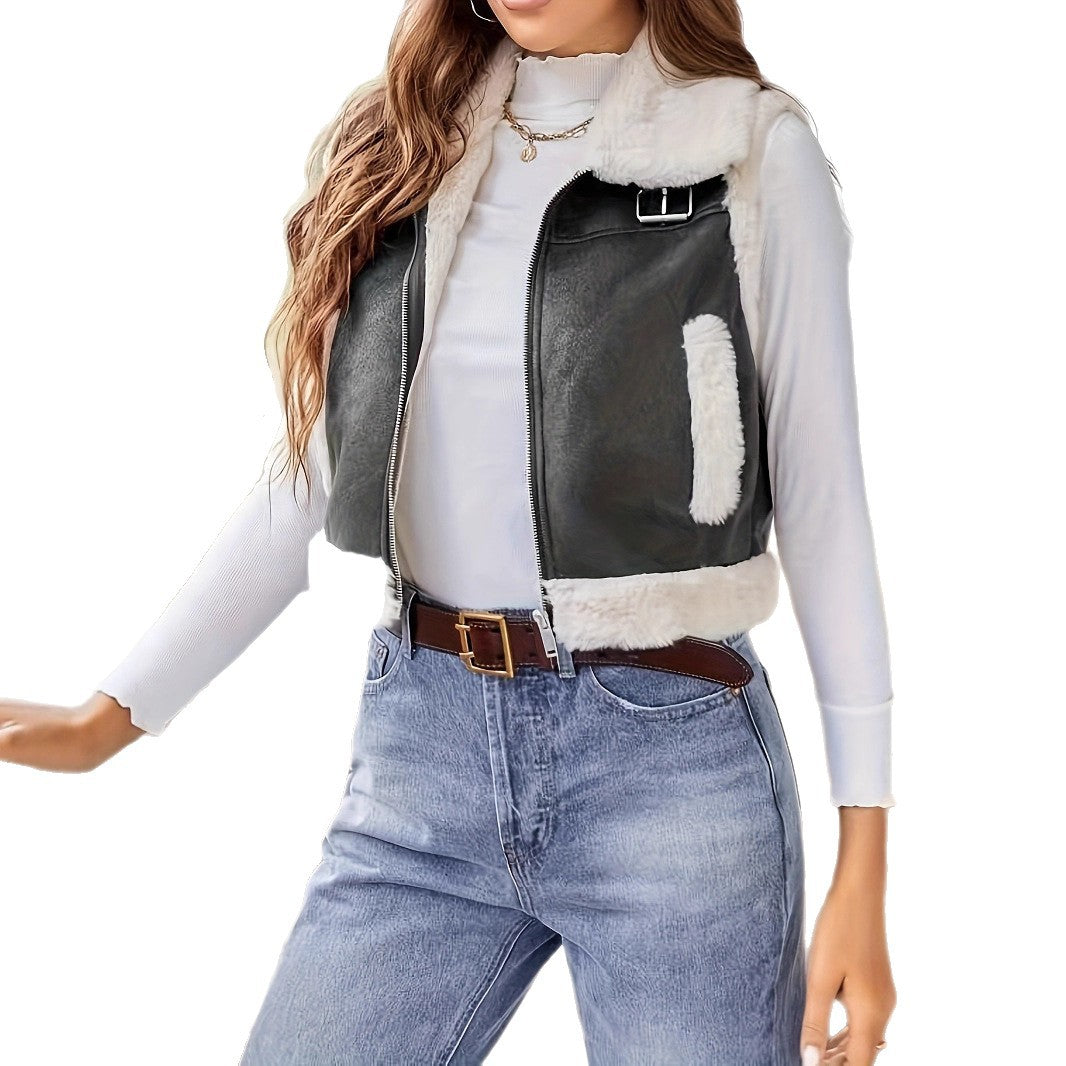 Damen stylish gesteppte Weste mit Fellkragen EB