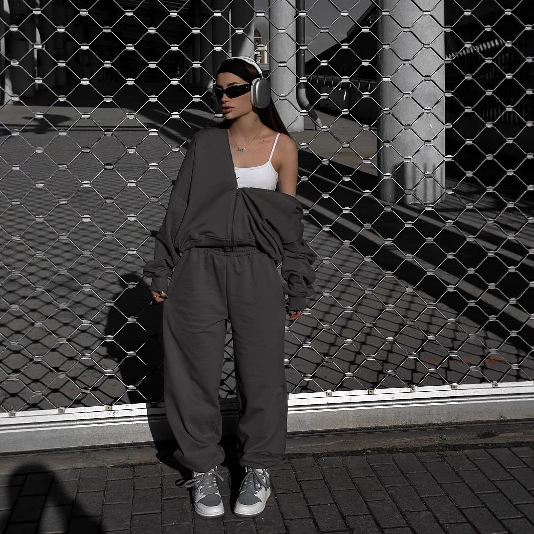 Damen Loose-Fit Freizeit-Set mit Zip-Kapuze und weitem Palazzo-Jogger EB