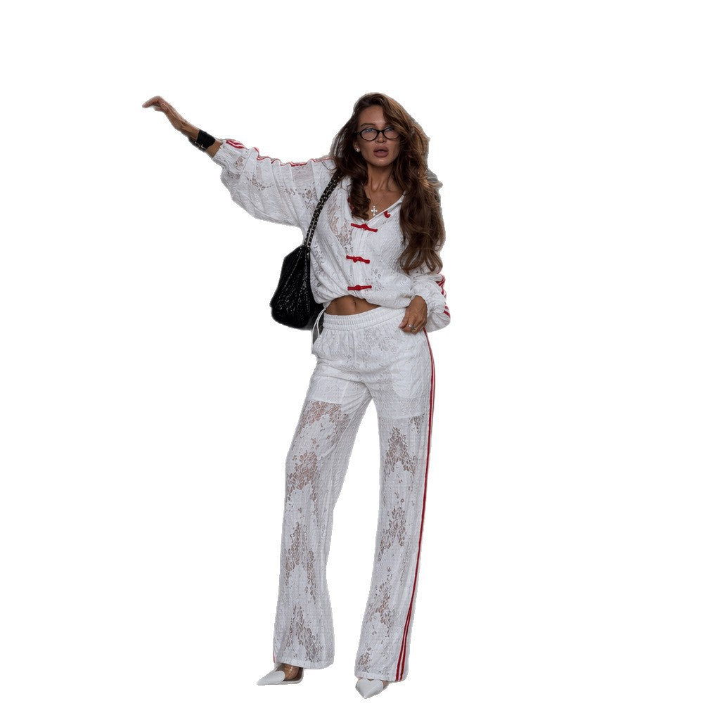 Damen zweiteiliges Spitzen-Lounge-Set mit verkürzter Kapuzenjacke, Kordelzughose und seitlichen Kontraststreifen Eichborn Berlin