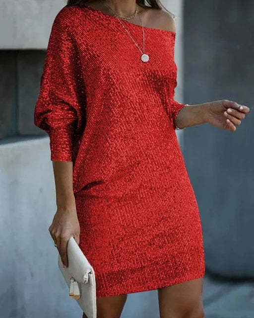 Damen Schulterfreies Strick-Minikleid mit Fledermausärmeln EB