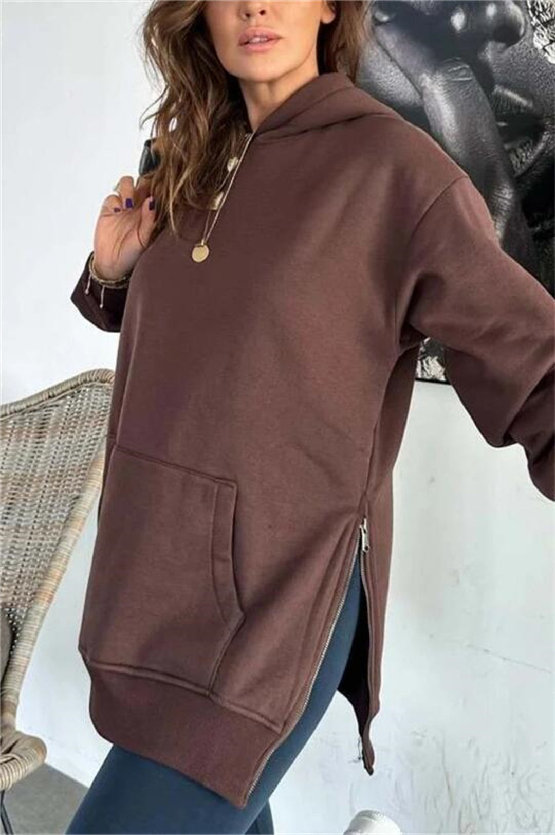 Damen Oversized Kapuzenpullover mit seitlichen Reißverschlüssen und universeller Passform EB