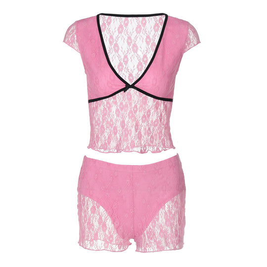 Damen Spitzenoberteil mit Shorts-Set EB