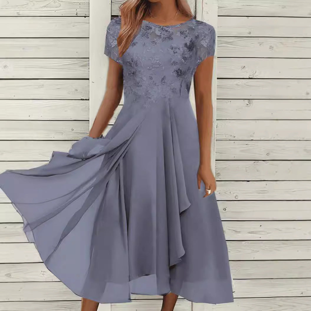 Damen nan elegantes Chiffon-Midikleid mit floraler Spitzenapplikation und fließendem Tellerrock EB