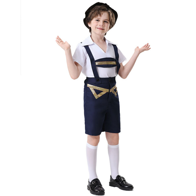 Unisex nan festliche Kinderhose mit verstellbaren Hosenträgern und Ziergürtel EB