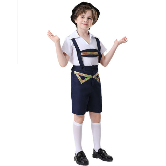 Unisex nan festliche Kinderhose mit verstellbaren Hosenträgern und Ziergürtel EB