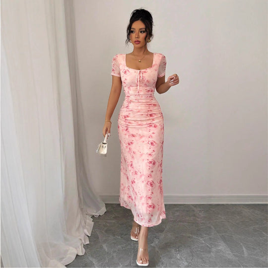 Damen Maxikleid mit floralen Mustern und dekorativem Wickeldetail EB