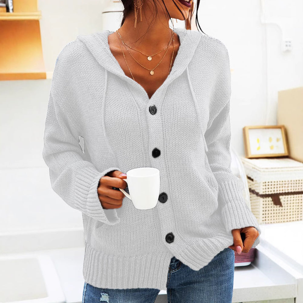 Damen kuschelige Strickjacke mit Kapuze und praktischen Taschen EB