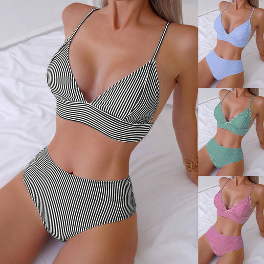 Damen Hochtailliertes Bikini-Set mit feinen Streifen EB