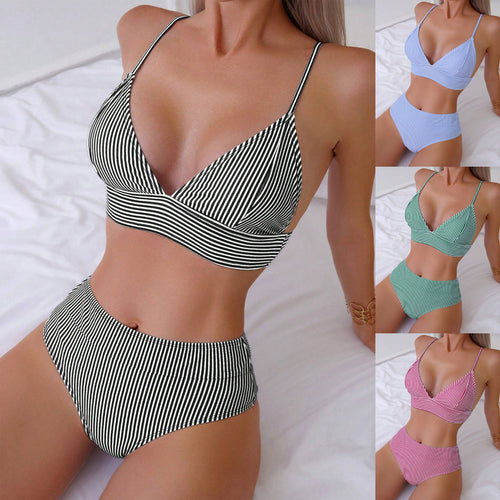 Damen Hochtailliertes Bikini-Set mit feinen Streifen EB