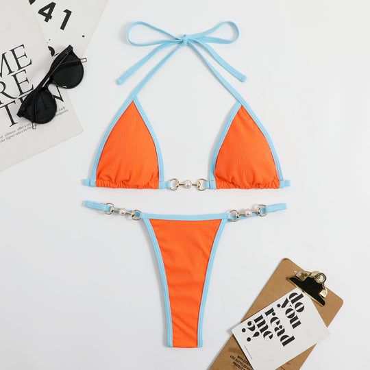 Damen Triangel-Bikini mit modischem Rippdesign und dekorativen Elementen EB