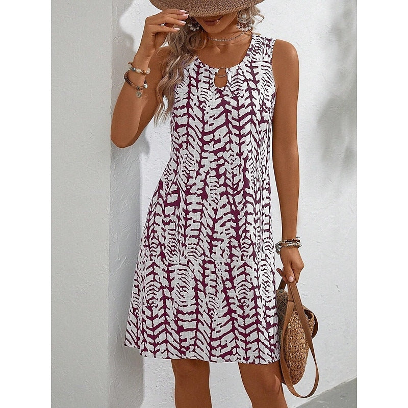 Damen Ärmeloses Freizeitkleid mit floralem Muster und schwingendem Rock EB