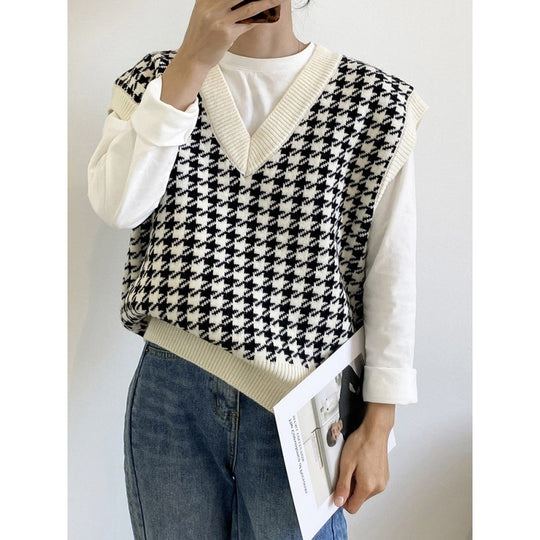 Damen modische Strickweste mit graphischem Hahnentrittmuster EB