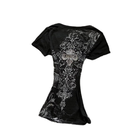 Damen Elegantes V-Ausschnitt T-Shirt mit kunstvollem Design EB