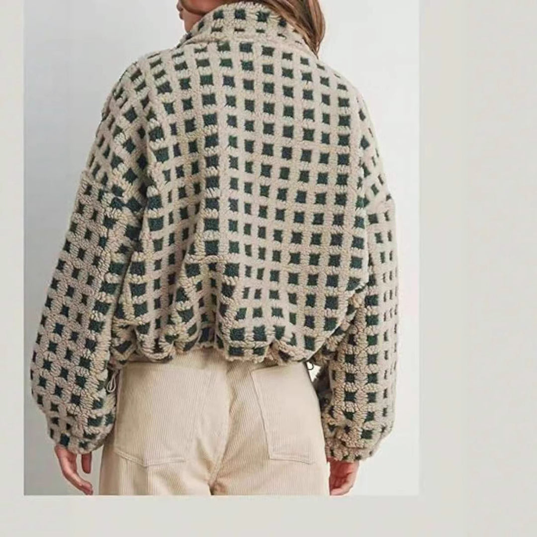 Damen kuschelige Fleecejacke im modernen Karodesign EB