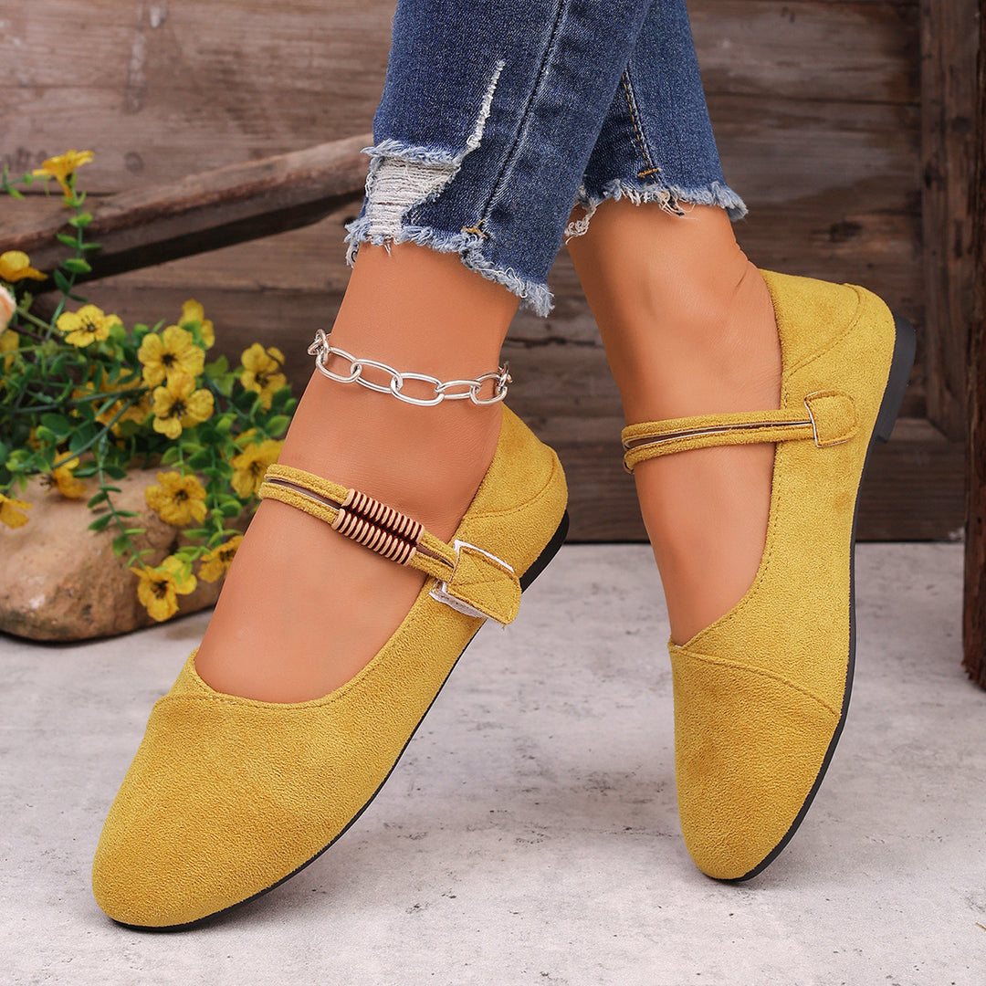 Damen  flache Mary-Jane Ballerinas aus Veloursimitat mit elastischem Zierband und gepolsterter Komfortinnensohle EB