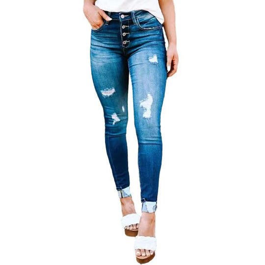 Damen High-Waist Skinny Jeans mit modischen Knopfdetails EB