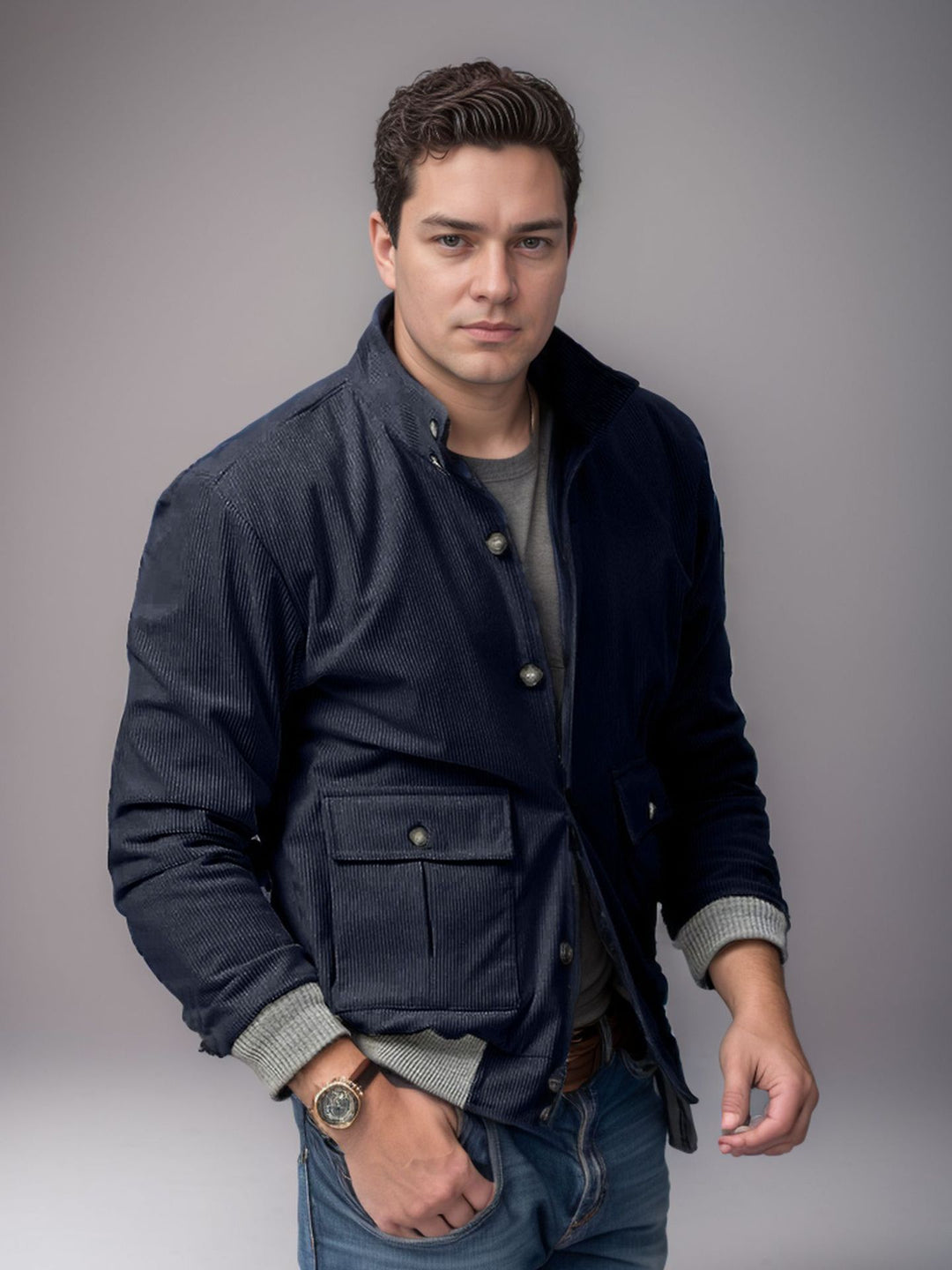Herren sportliche Cordjacke mit praktischen Taschen und modernem Design EB